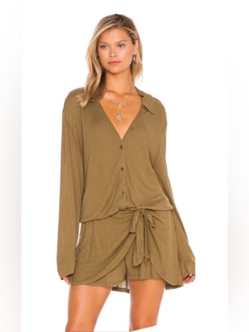 FREE PEOPLE Lively Romper in Tropical Nut Olive Khaki L Button-Front Tie-Waist